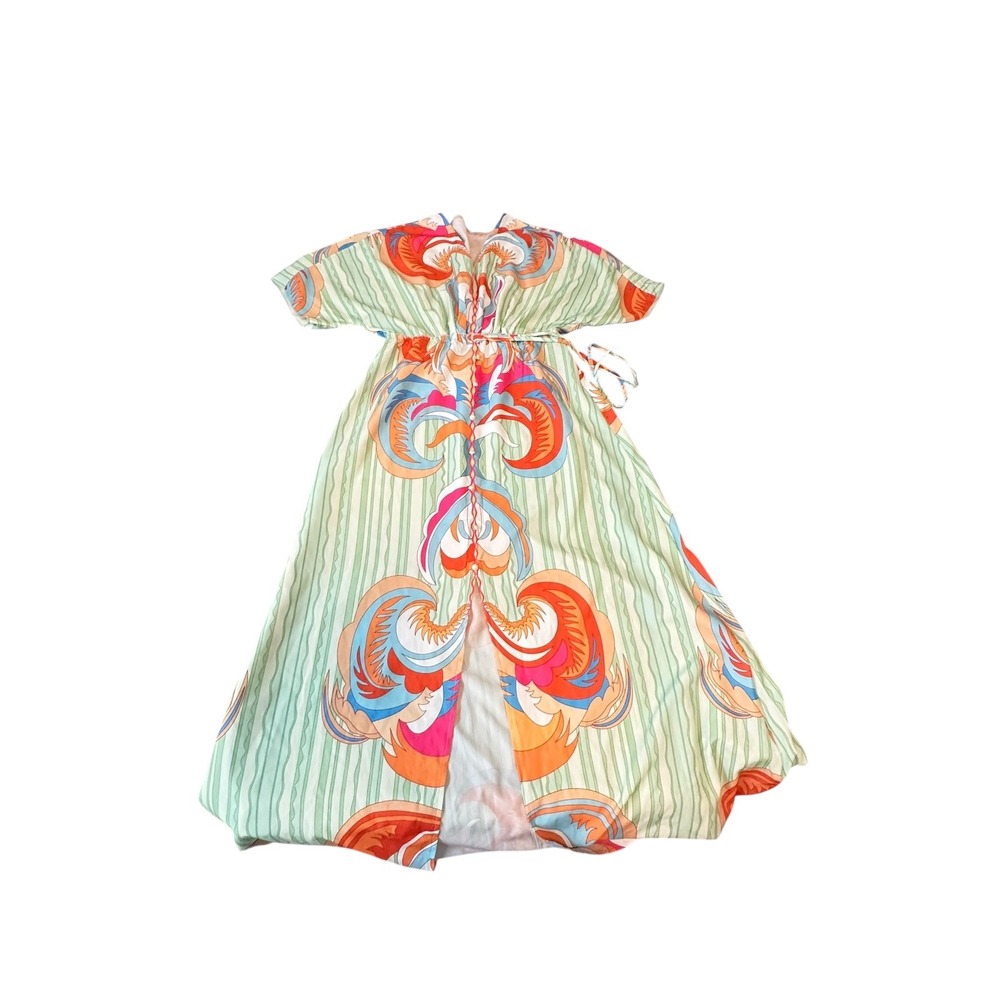 SHEIN Women's S Green Orange Abstract Print Kimono Sleeve Drawstring Maxi Dress - Picture 16 of 16